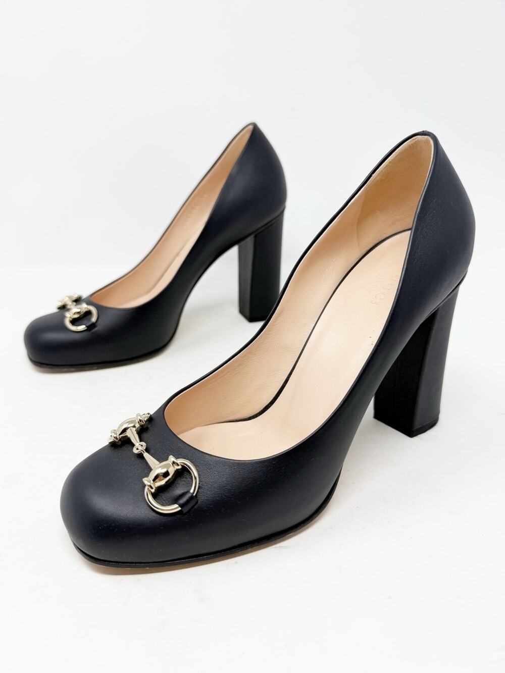 Gucci Horsebit Block Heel Black Leather Heels Womens Size EU 38
